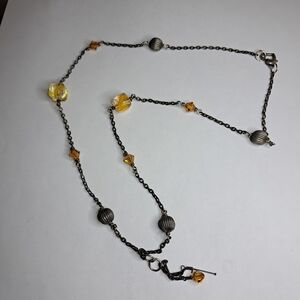 Silvertone Chain Necklace w/ Heart Clasp & Yellow Beads